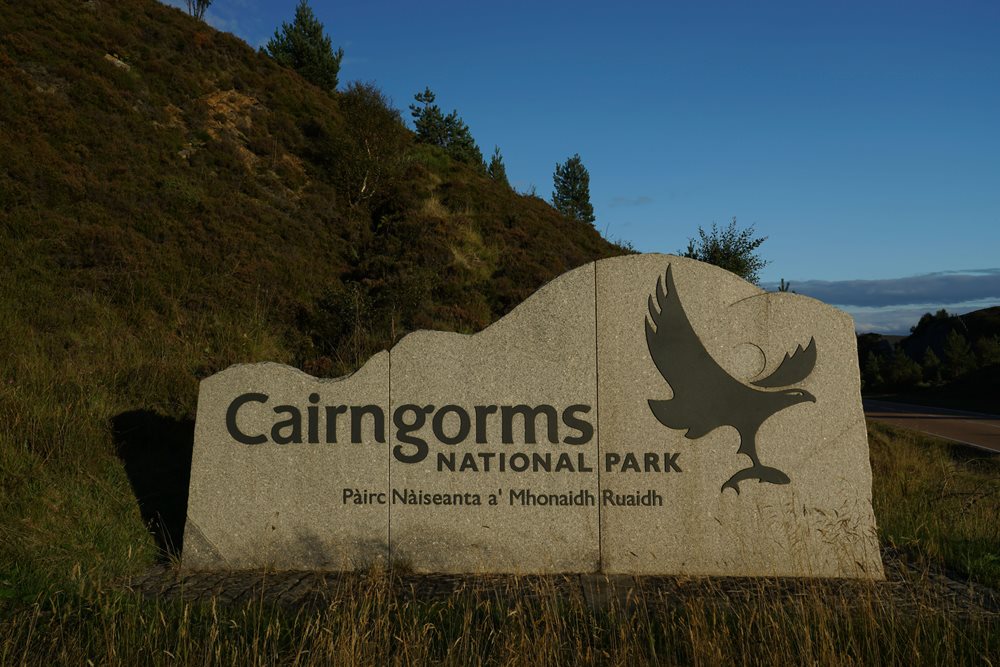 Cairngorms National Park sign by side of A9 road. Lit by golden evening sun, blue sky and hill with greenery in background. No people.